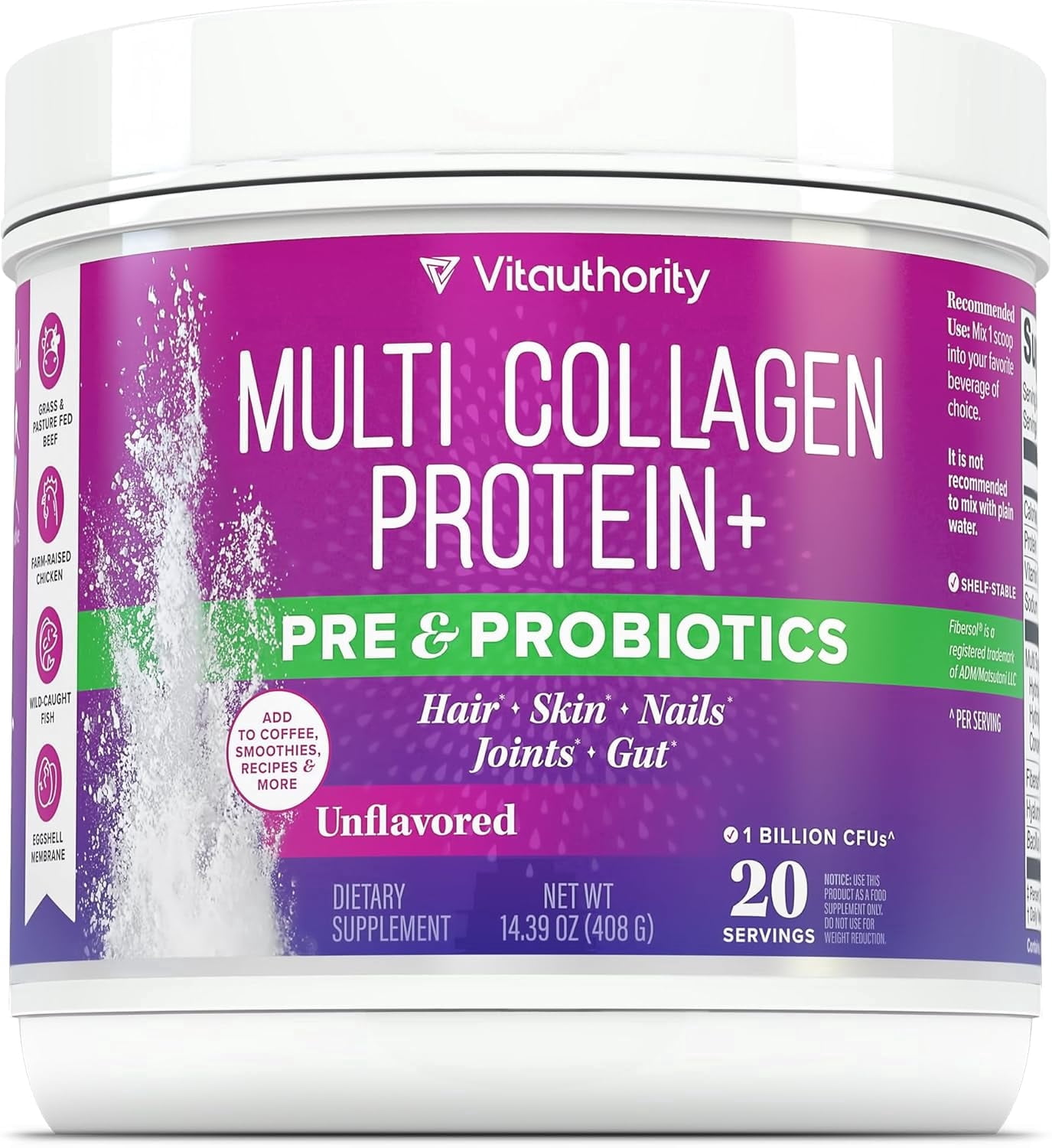 Multi Collagen Protein Powder with Probiotics & Prebiotics – 20 g Collagen Peptides, Hyaluronic Acid & Vitamin C | Supports Skin & Digestive Health | Unflavored | 20 Servings