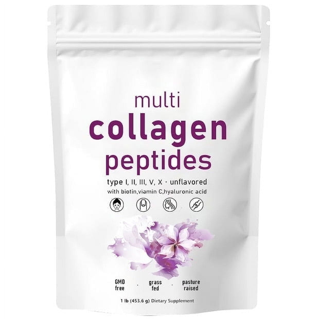 Multi Collagen Peptides Powder - Hydrolyzed Protein Peptides (Type I,II,III,V,X) with Hyaluronic Acid, Biotin & Vitamin C - Unflavored 1LB