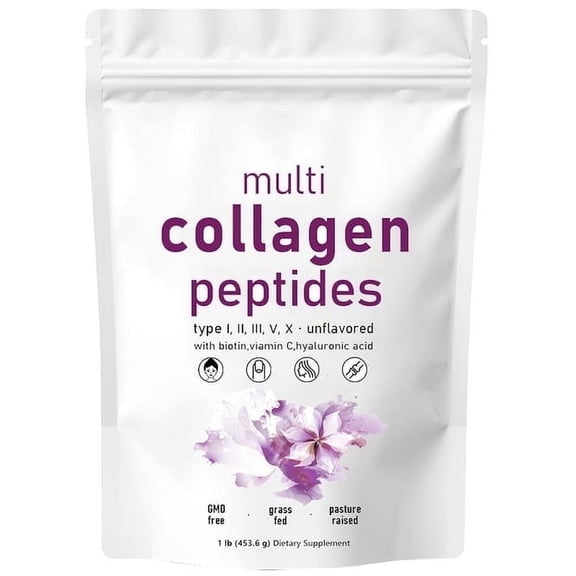 Multi Collagen Peptides Powder - Hydrolyzed Protein Peptides (Type I,II,III,V,X) with Hyaluronic Acid, Biotin & Vitamin C - Unflavored 1LB
