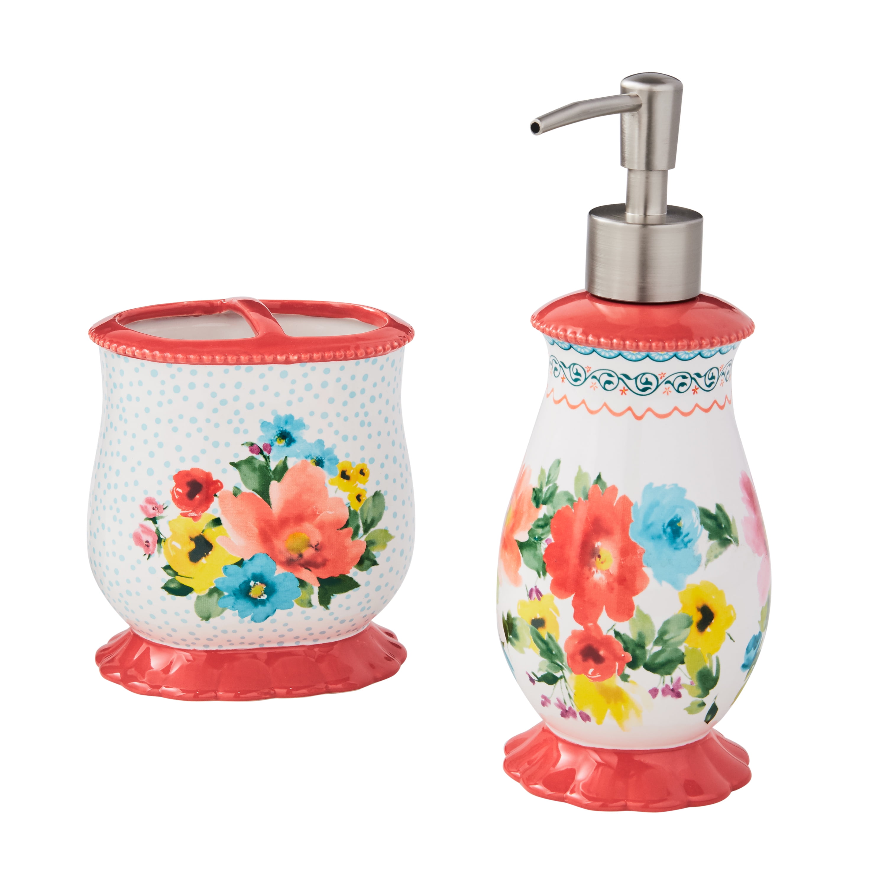 The Pioneer Woman 2-Piece Plastic Soap Dispensing Dish Wand and Palm Brush Set, Heritage Floral, Size: 2pk