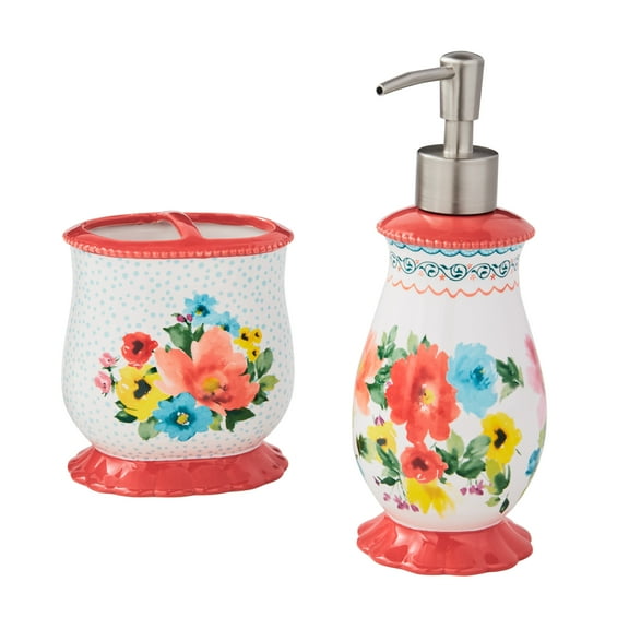 Multi- Color 2 Piece Ceramic Bath Accessories Set, The Pioneer Woman Breezy Blossom