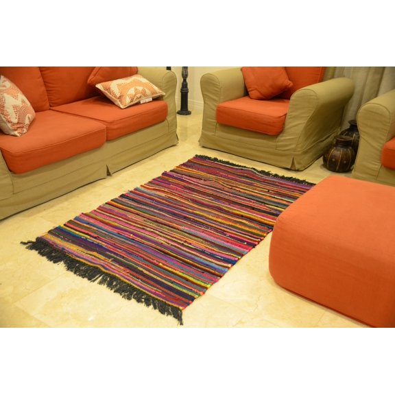 Multi Color 4x5 ft Area Rugs Cotton Carpet (42''x 66'') Handmade Black Living Room Dining Bedroom Kidsroom Red Rug by MystiqueDecors