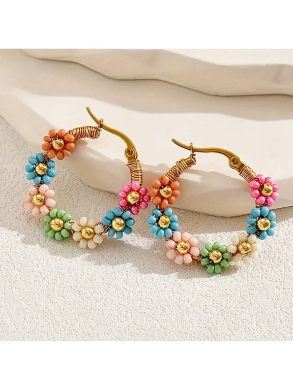 Multi-Color Beaded Flower Hoop Earrings For Women, Goldtone Metal, Fashion