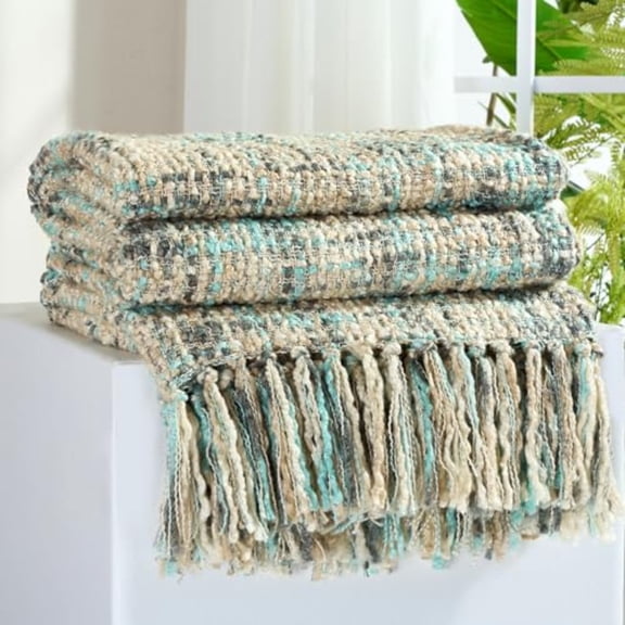 Multi-Color Blue Grey Cable Woven Throw Blanket for Couch60X80 Boho Style Textured Blankets for Home Decor Super Soft Warm Cozy Chunky Blanket with Decorative Tassels for Bed