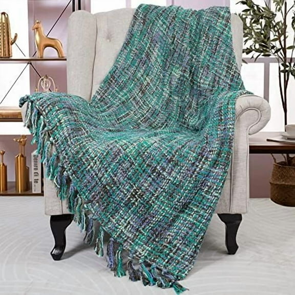 Multi Color Boho Knitted Throw Blankets with Fringe Tassels, Soft Chic Lightweight Afghan Mexican Throw Blankets for Couch Bed Sofa Chair Outdoor (Teal Multi 60 x 80 in)