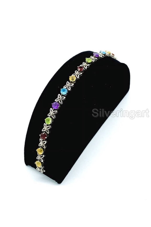 Multi Color Bracelet, 925 Sterling Silver Bracelet, Multi Gems, CZ Bracelet, Womens Bracelet, Handmade Bracelet, Natural Amethyst Peridot Citrine Topaz Garnet, Chakra Bangle, Christmas, Thanksgiving
