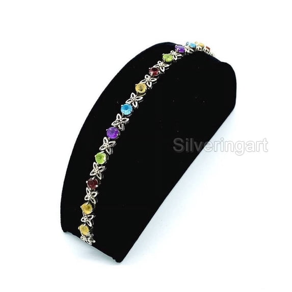 Multi Color Bracelet, 925 Sterling Silver Bracelet, Multi Gems, CZ Bracelet, Womens Bracelet, Handmade Bracelet, Natural Amethyst Peridot Citrine Topaz Garnet, Chakra Bangle, Christmas, Thanksgiving