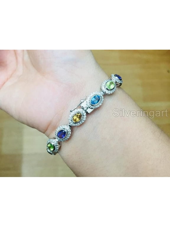 Multi Color Bracelet, 925 Sterling Silver Bracelet, Natural Multi Gems, CZ Bracelet, Womens Bracelet, Handmade Bracelet, Natural Amethyst Peridot Citrine Topaz, Chakra Bangle, Christmas, Thanksgiving