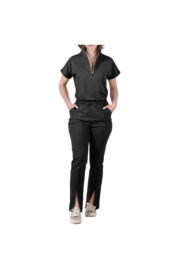 Multi‑Color Breathable Women’s Medical Scrubs Set High Waist Drawstring Uniforms with Side Pockets Black M