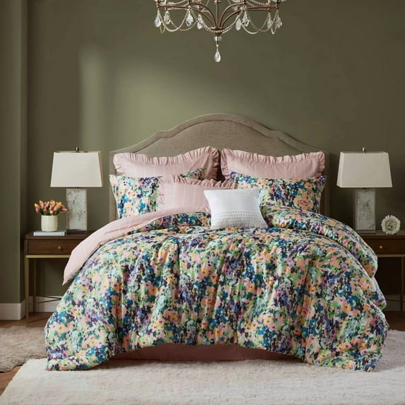 Multi-Color California King Comforter Set 8-Piece, Cotton Floral Bedding with Reversible Design