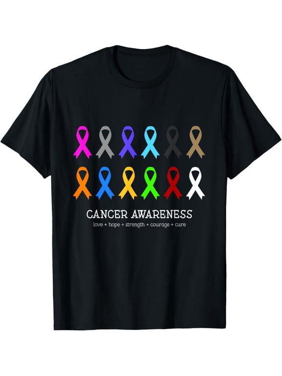 Multi-Color Cancer Awareness T-Shirt All Ribbon Support Graphic Tee Inspirational Love Hope Strength Courage Cure Warrior Survivor Apparel Retro Short Sleeve Unisex Black Top
