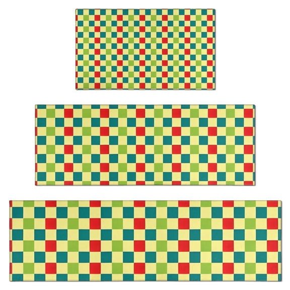 Multi Color Checkerboard Checkered Pattern Kitchen Rugs Sets Of 3,Kitchen Runner Rugs Non Skid Washable,Decorative Kitchen Floor Mats for Kitchen,Sink,Laundry,17"x30"+ 17"x47" + 17"x59"