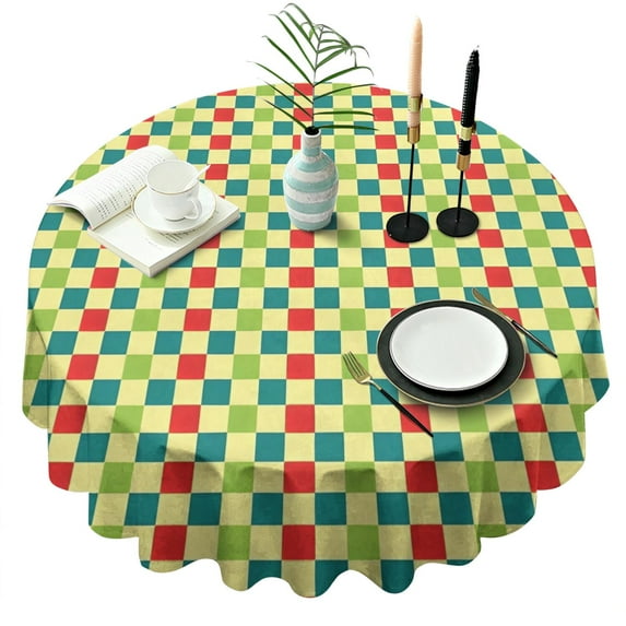 Multi Color Checkerboard Checkered Pattern Round Tablecloth 60"x60",Wrinkle Wipeable Table Cloth for Kitchen Dining Room Picnic Patio Party