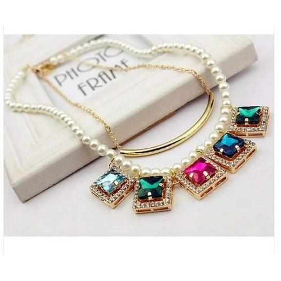 Multi Color Crystal & Pearl Pendant Necklace Layered Choker Statement Fashion Jewelry Necklace for Women