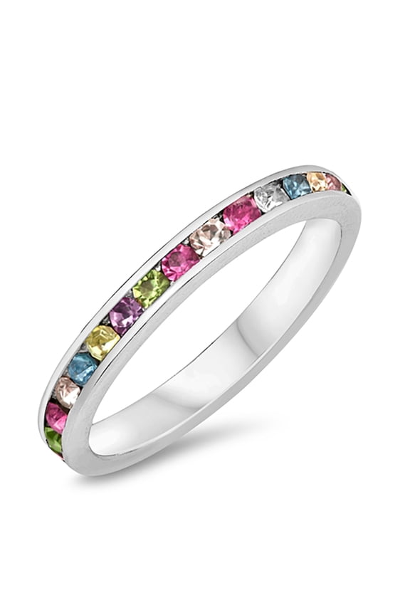 Multi Color Cubic Zirconia Channel Set Eternity Ring Sterling Silver Size 3