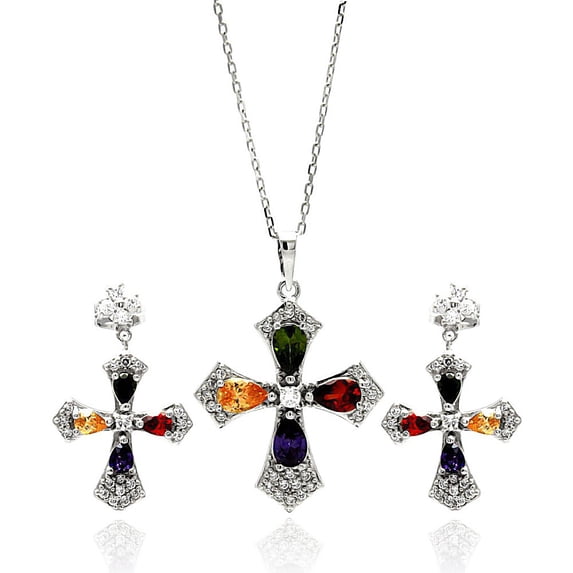 Multi-Color Cubic Zirconia Dangling Cross Stud Earrings And Necklace Set Rhodium Plated Sterling Silver