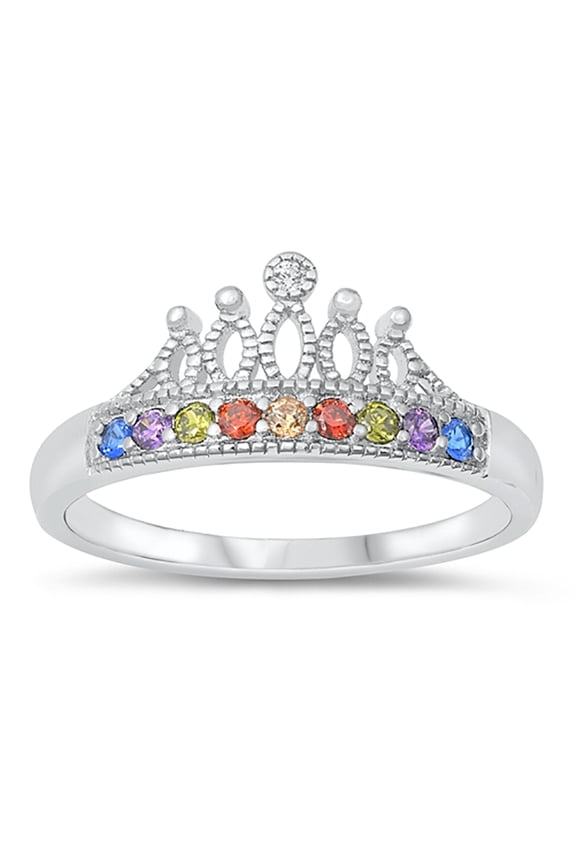 Multi Color Cubic Zirconia Royal Crown Ring Sterling Silver Size 10