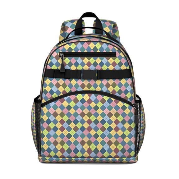 Multi Color Diamond Checkerboard Checkered Pattern Backpack for School,Cute School Bag,Schoolbag with Adjustable Shoulder Straps & Padded Back,15.25"x11.5"x5.25"
