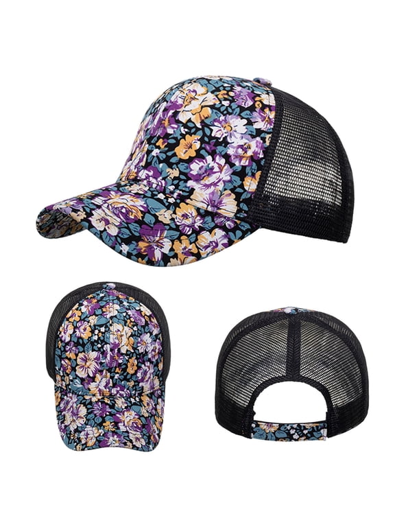 Multi Color Ditsy Floral Mesh Back Sun Trucker Hat Lightweight Floral Print Curved Brim Cap for Summer Street Style Garden Strolls & Outdoor Activity Wear Purple