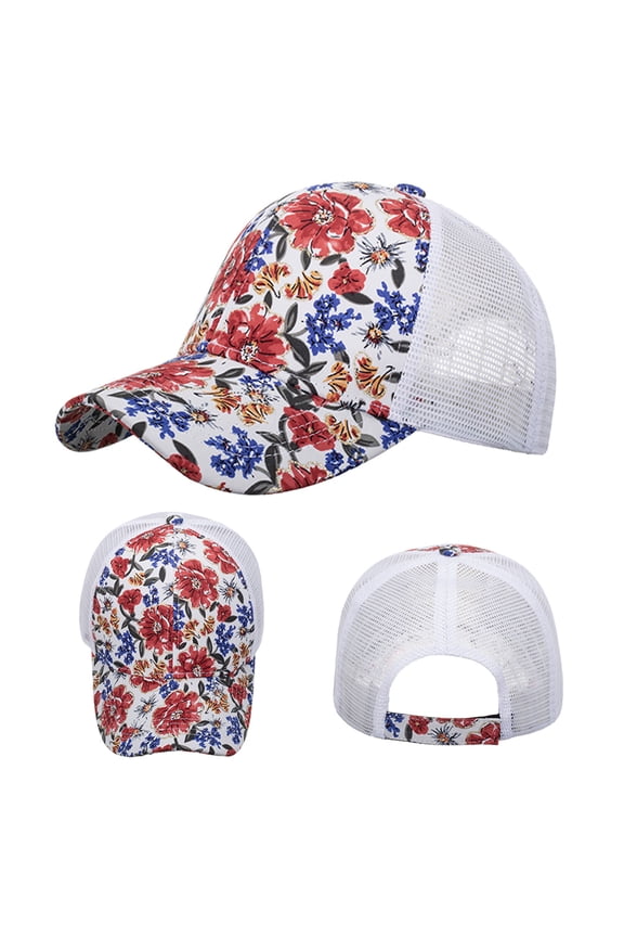 Multi Color Ditsy Floral Mesh Back Sun Trucker Hat Lightweight Floral Print Curved Brim Cap for Summer Street Style Garden Strolls & Outdoor Activity Wear White