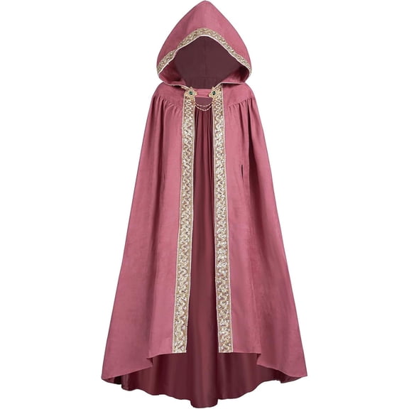 Multi Color Fantasy Cape, Hooded Long Cape Cloak With Lace Trim, Medieval Witch Wizard Hood Robe for Halloween Cosplay, 6 Color Lightweight Full Length Costume Cloak, Pink One Size