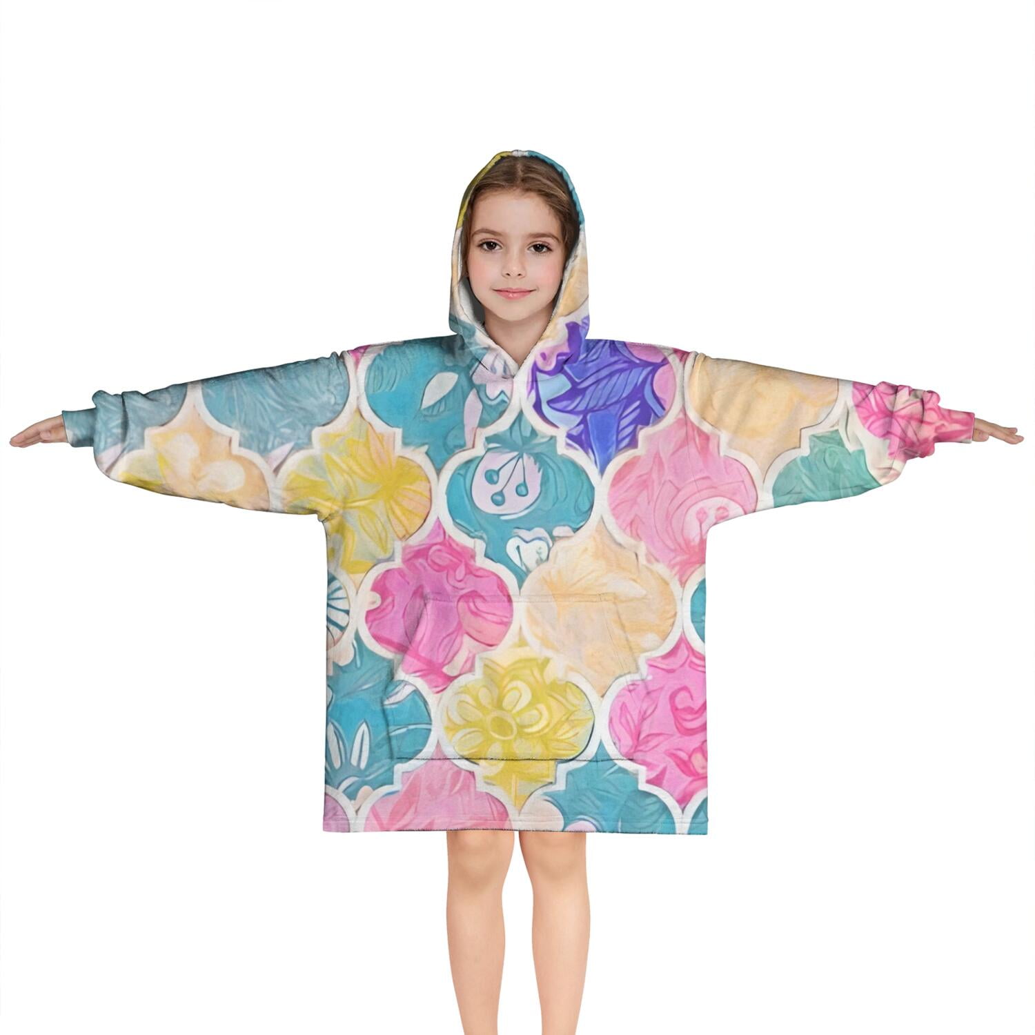 Multi Color Floral Checkered Pattern Blanket Hoodies for Kids 6-13YR Oversize Wearable Blanket Hoodies for Boys Girls Teens