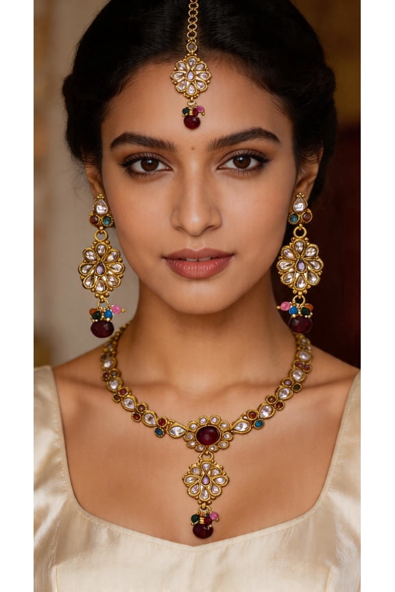 Multi-Color Floral Polki Necklace Set with Mang Tika