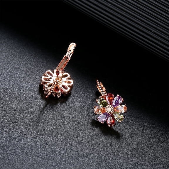 Multi-Color Flower Drop Leverback Earrings with Crystals