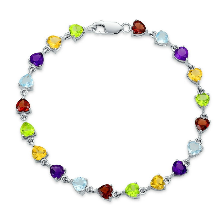 Multi Color Gemstone Heart Shaped Tennis Bracelet Sterling Silver 7