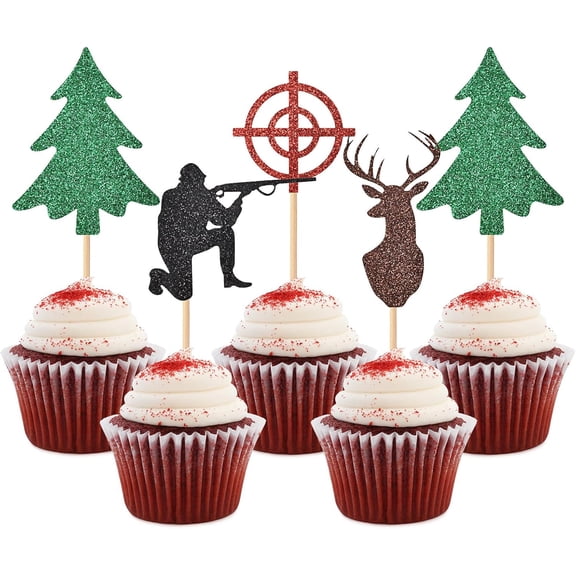 MultiColor Glitter Hunting Theme Cupcake Toppers, 12PCS Deer Pine Tree Target Hunter Silhouette Cupcake Picks for Outdoor Camping Hunting Birthday Party Cake Decorations