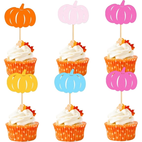 Multi Color Glitter Plain Pumpkin Silhouette Cupcake Toppers 12Pcs Assorted Pastel Orange Pink Blue Pumpkin Cutout Cupcake Picks for Fall Baby Shower