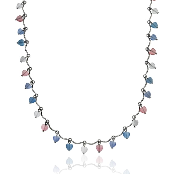 Multi-Color Heart Charm Long Necklace with Tiger Eye Stones - 38 inch with Extender Jewelry Necklace
