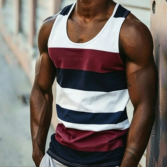 Multi Color Horizontal Stripe U Neck Muscle Tank Top Men Slim Shoulder Strap Breathable Sleeveless Tee for Fitness Outdoor Vacation Daily Looks Red L