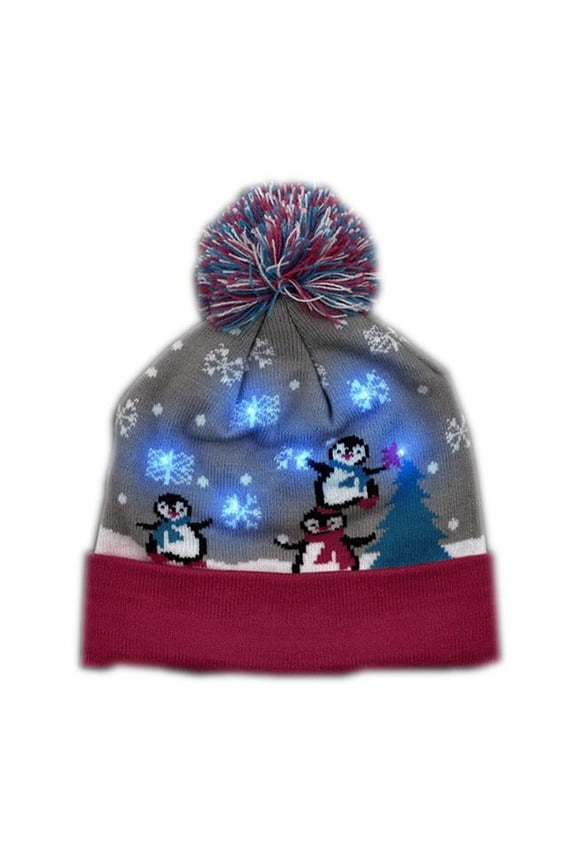 Multi Color LED Snowy Winter Christmas Holiday Penguins Beanie Hat