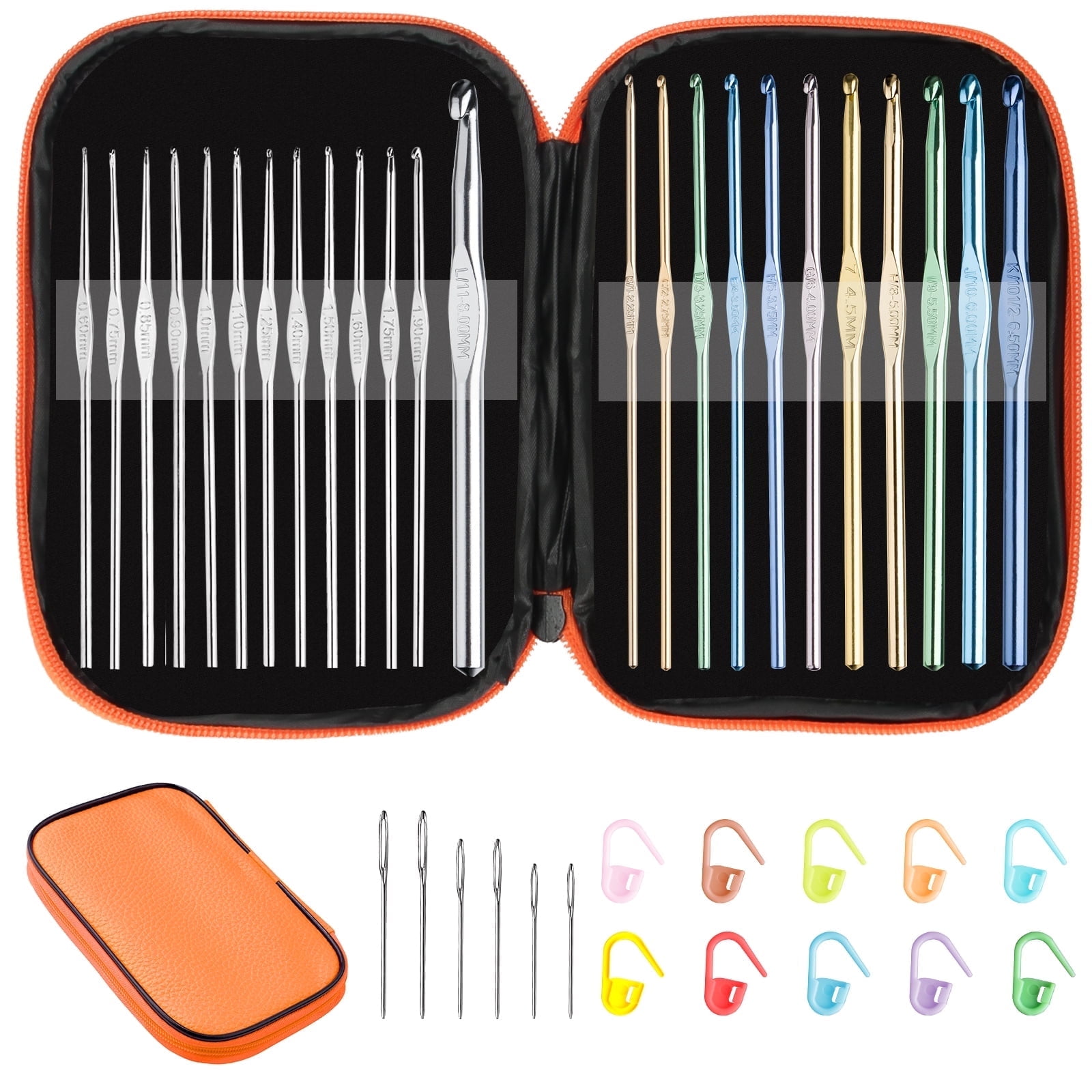 Multi-Color Metallic Crochet Hooks Set, Tomorotec Art Aluminum Knitting Needles for Yarn Craft Set with Sylish Storage Bag, Stitch Markers and Big Eye Needles (Orange Bag)