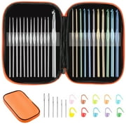 Multi-Color Metallic Crochet Hooks Set, Tomorotec Art Aluminum Knitting Needles for Yarn Craft Set with Sylish Storage Bag, Stitch Markers and Big Eye Needles (Orange Bag)