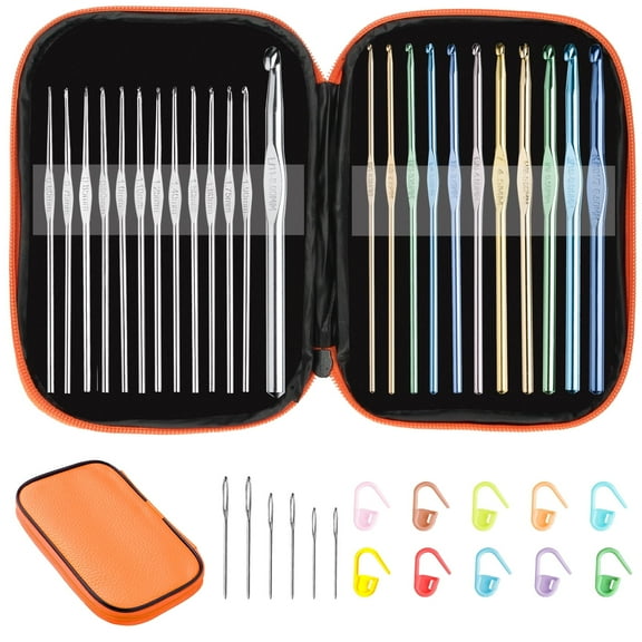 Multi-Color Metallic Crochet Hooks Set, Tomorotec Art Aluminum Knitting Needles for Yarn Craft Set with Sylish Storage Bag, Stitch Markers and Big Eye Needles (Orange Bag)