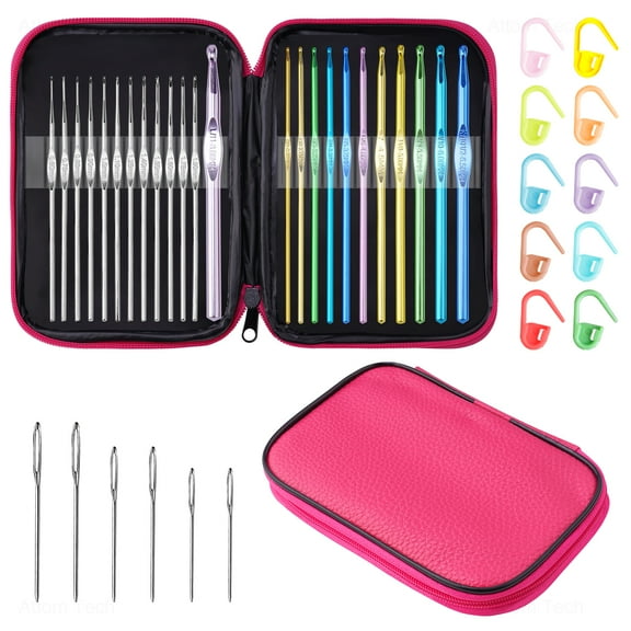 Multi-Color Metallic Crochet Hooks Set, Tomorotec Art Aluminum Knitting Needles for Yarn Craft Set with Sylish Storage Bag, Stitch Markers and Big Eye Needles(Rose Bag)