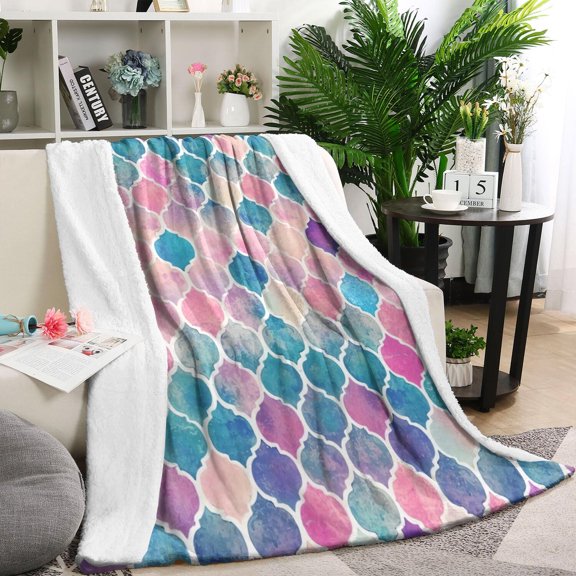 Multi Color Moroccan Checkered Pattern Blanket,Comfortable Soft Flannel Throw Blanket,All Season,Warm Lightweight Blankets for Sofa Bed Couch Living Room Chair,60"x80"