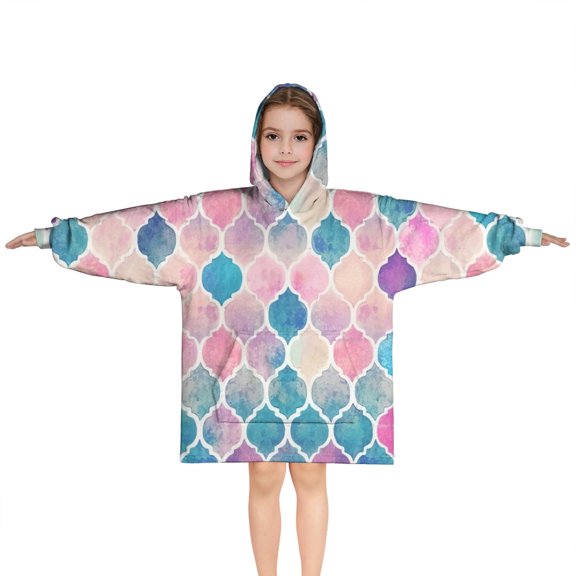 Multi Color Moroccan Checkered Pattern Blanket Hoodies for Kids 6-13YR Oversize Wearable Blanket Hoodies for Boys Girls Teens