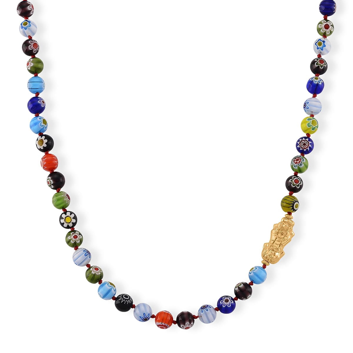 Multi Color Murano Style Beaded Necklace with Pixiu Charm in Goldtone 20 Inches