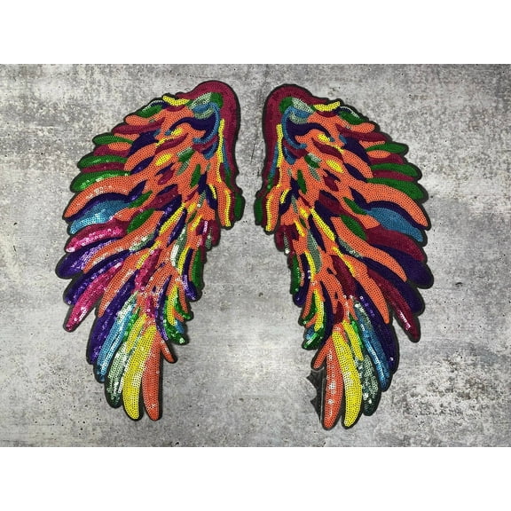 Multi-Color "Orange Kaleidoscope" Exclusive Sequins Angel Wings, Large Wings (iron-on) Size 10"x5.5", Sparkly Patch for Denim Jacket, Shirts