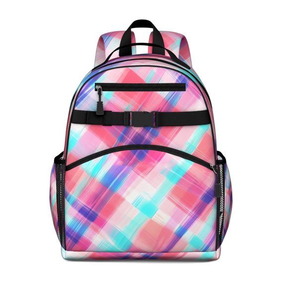 Multi Color Plaid Checkered Pattern Backpack for School,Cute School Bag,Schoolbag with Adjustable Shoulder Straps & Padded Back,15.25"x11.5"x5.25"