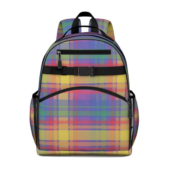 Multi Color Plaid Checkered Pattern Backpack for School,Cute School Bag,Schoolbag with Adjustable Shoulder Straps & Padded Back,15.25"x11.5"x5.25"