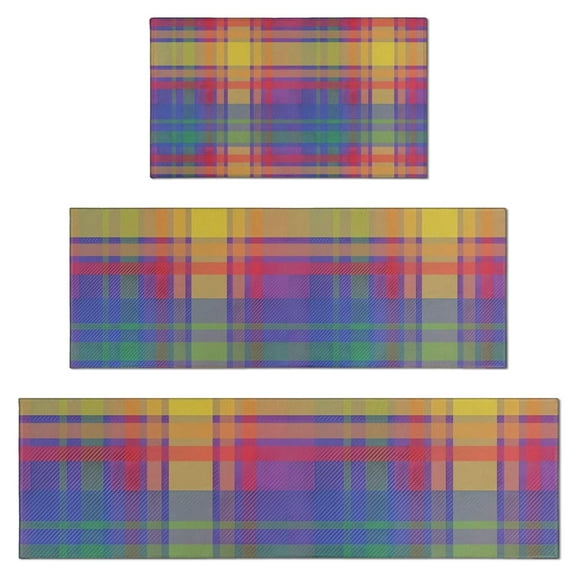 Multi Color Plaid Checkered Pattern Kitchen Rugs Sets Of 3,Kitchen Runner Rugs Non Skid Washable,Decorative Kitchen Floor Mats for Kitchen,Sink,Laundry,17"x30"+ 17"x47" + 17"x59"