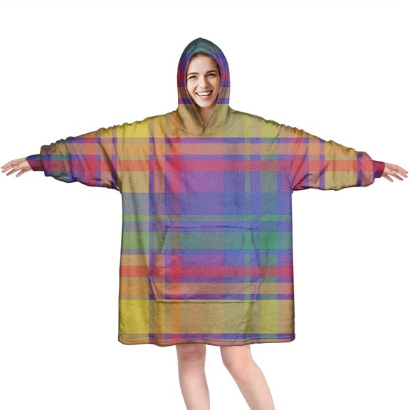 Multi Color Plaid Checkered Pattern Wearable Oversized Blanket,Wearable Blanket Hoodie for Adults,Cozy Hooded Blankets with Super Pockets,Super Warm Fuzzy Pullover for Women & Men
