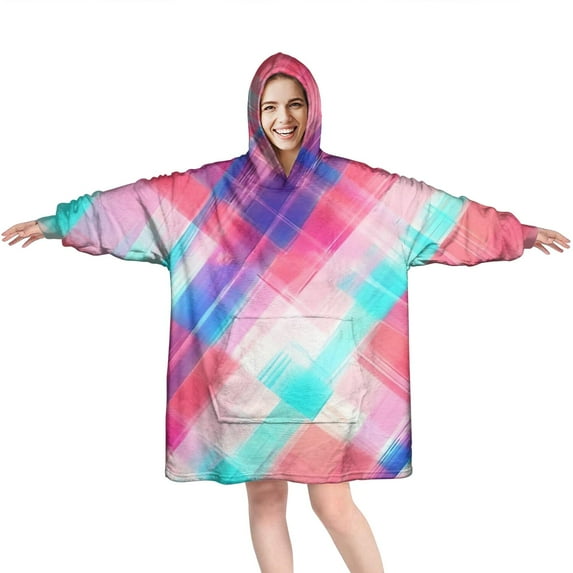 Multi Color Plaid Checkered Pattern Wearable Oversized Blanket,Wearable Blanket Hoodie for Adults,Cozy Hooded Blankets with Super Pockets,Super Warm Fuzzy Pullover for Women & Men