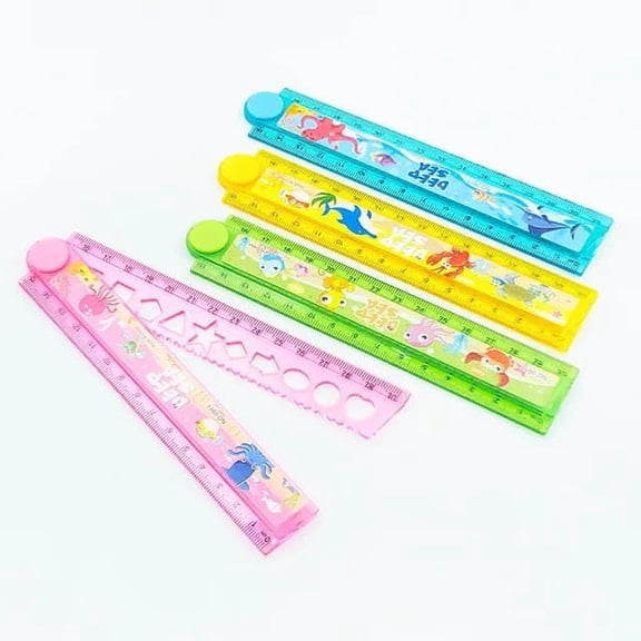 Multi-Color Plastic Ruler 30cm Foldable Scale Ruler For Students With Shape Stencils | Pack Of 4