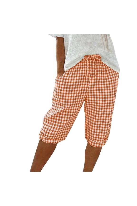 Multi-Color Pockets Gingham Capri Pants for Women Cotton Linen Blend Drawstring Waist Loose Fit Trousers Breathable for Casual Outings and Beach Trips