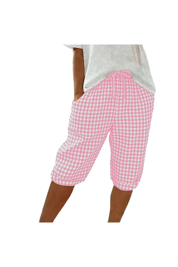 Multi-Color Pockets Gingham Capri Pants for Women Cotton Linen Blend Drawstring Waist Loose Fit Trousers Breathable for Casual Outings and Beach Trips